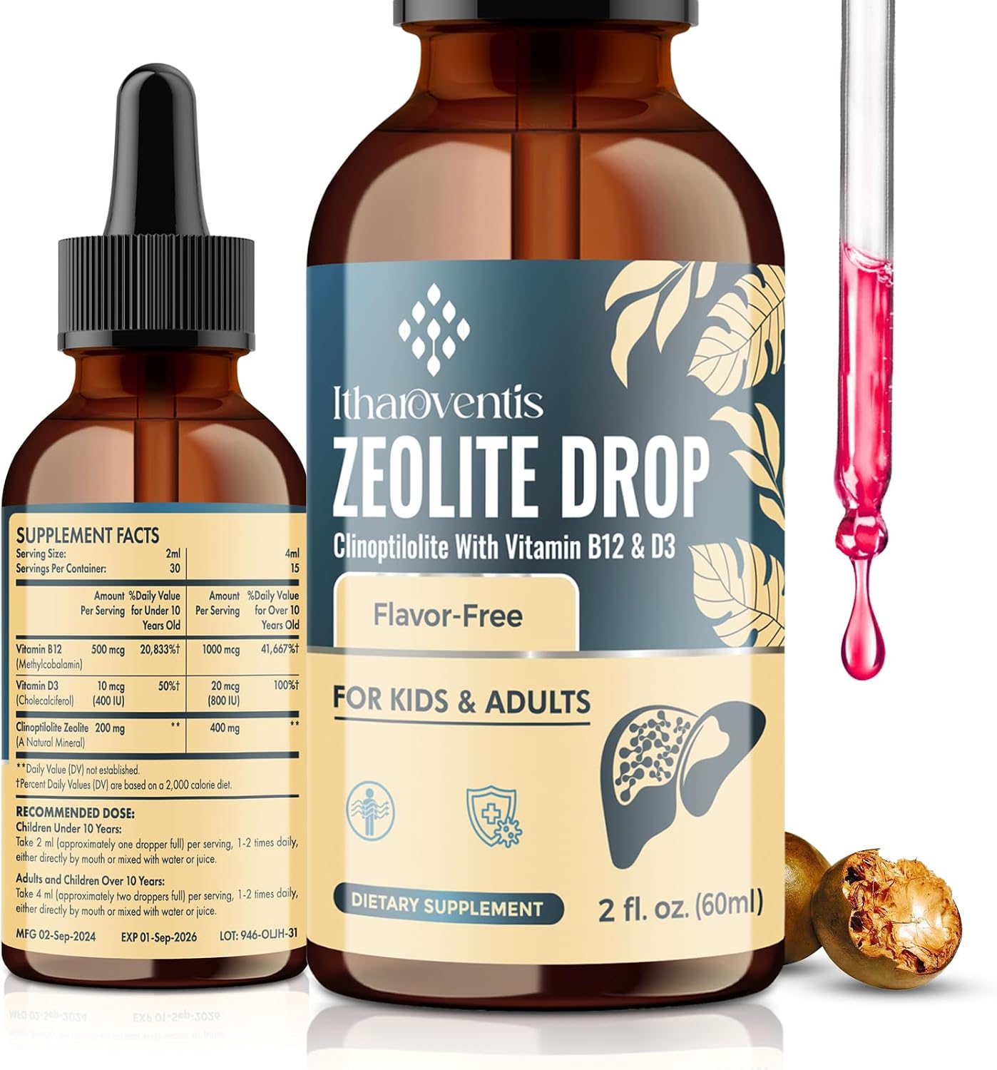 Itharoventis Liquid Zeolite Drops, Sugar Free, Monk Fruit, 2 Fl Oz | Clinoptilolite liquid formula with methyl vitamin B12 and vitamin D3