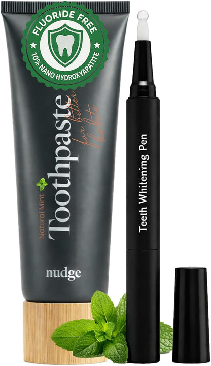 Nudge Whitening Kit with 10% Nano Hydroxyapatite Toothpaste 4.5 oz & Whitening Gel Pen 2 ml – Fluoride Free, SLS Free