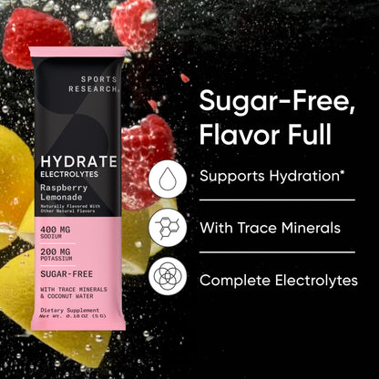 Sports Research® Hydrate Electrolytes Powder Packets - Sugar-Free & Naturally Flavored with Vitamins, Minerals, and Coconut Water - Supports Hydration - 16 Packets - Variety Pack | Sugar-Free