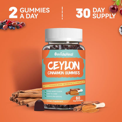 Sugar Free Ceylon Cinnamon Gummies 2000MG, Cinnamon Supplement with Chromium and Cinnamon Bark, Vegan, Non-GMO, Gluten Free, 60 Gummies