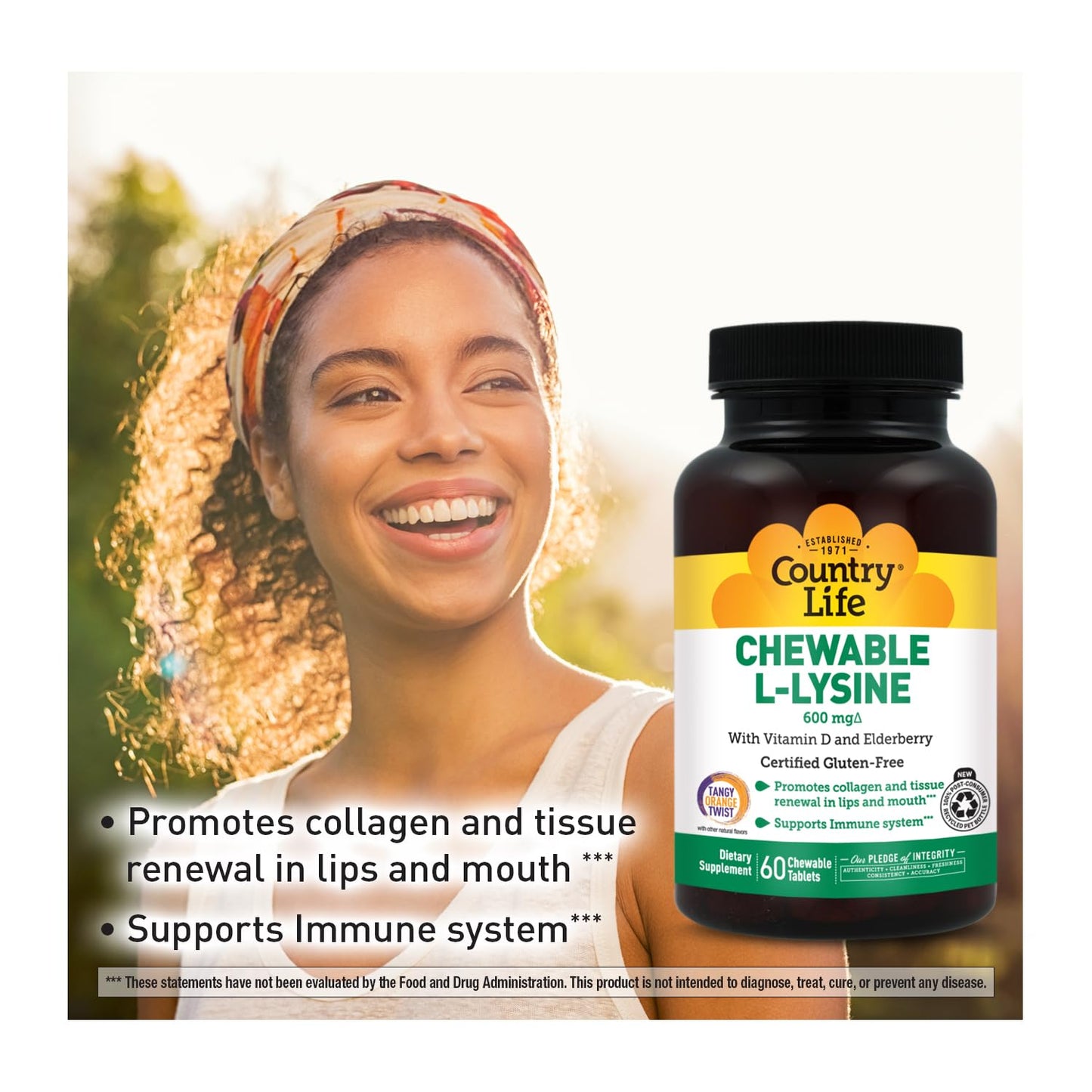 Country Life Chewable L-Lysine Supplement with Vitamin D and Elderberry, Immune Support and Collagen Renewal for Skin Tissue, Ideal for Adults