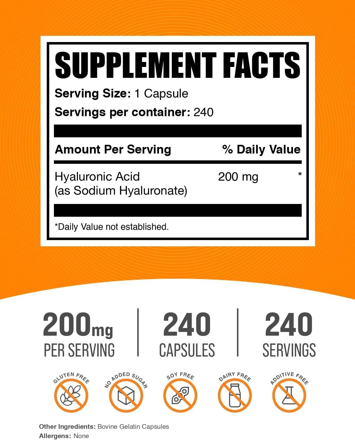 BulkSupplements.com Hyaluronic Acid Capsules - Hyaluronic Acid Supplements, Hyaluronic Acid 200mg - Pure & Gluten Free, 1 Capsule per Serving, 240 Count (Pack of 1)