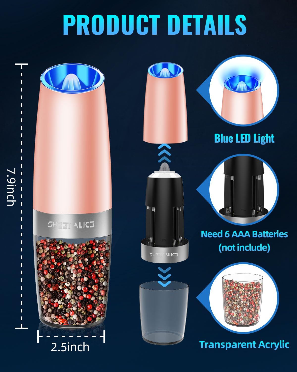Gravity Electric Pepper and Salt Grinder Set, Adjustable Coarseness, Battery Powered