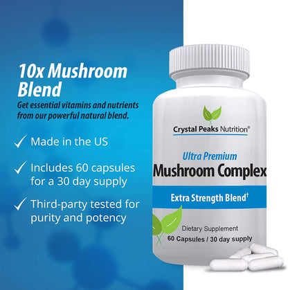 Mushroom Superfood Master Blend Mushroom Capsules Supplement, 10 Mushroom Complex & Adaptogens - Lions Mane, Chaga, Cordyceps, Reishi Extract & More - 60 Capsules