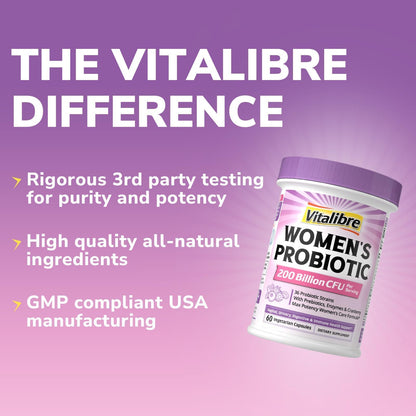 Vitalibre Probiotics for Women 30 Strains, 100B CFUs Vaginal Probiotics | with Digestive Enzymes, Prebiotics & Cranberry for Urinary Tract Health, pH Balance, 30 Veggie Capsules