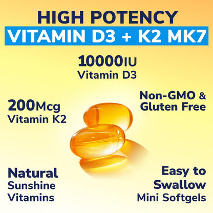 Vitalibre Vitamin D3 K2 Supplement, Vitamin D3 10000 IU & 200 mcg K2 MK7 | Enhanced Calcium Absorption, Bone, Heart, Immune & Mood Support, No Soy, Easy to Swallow, 90 Softgels