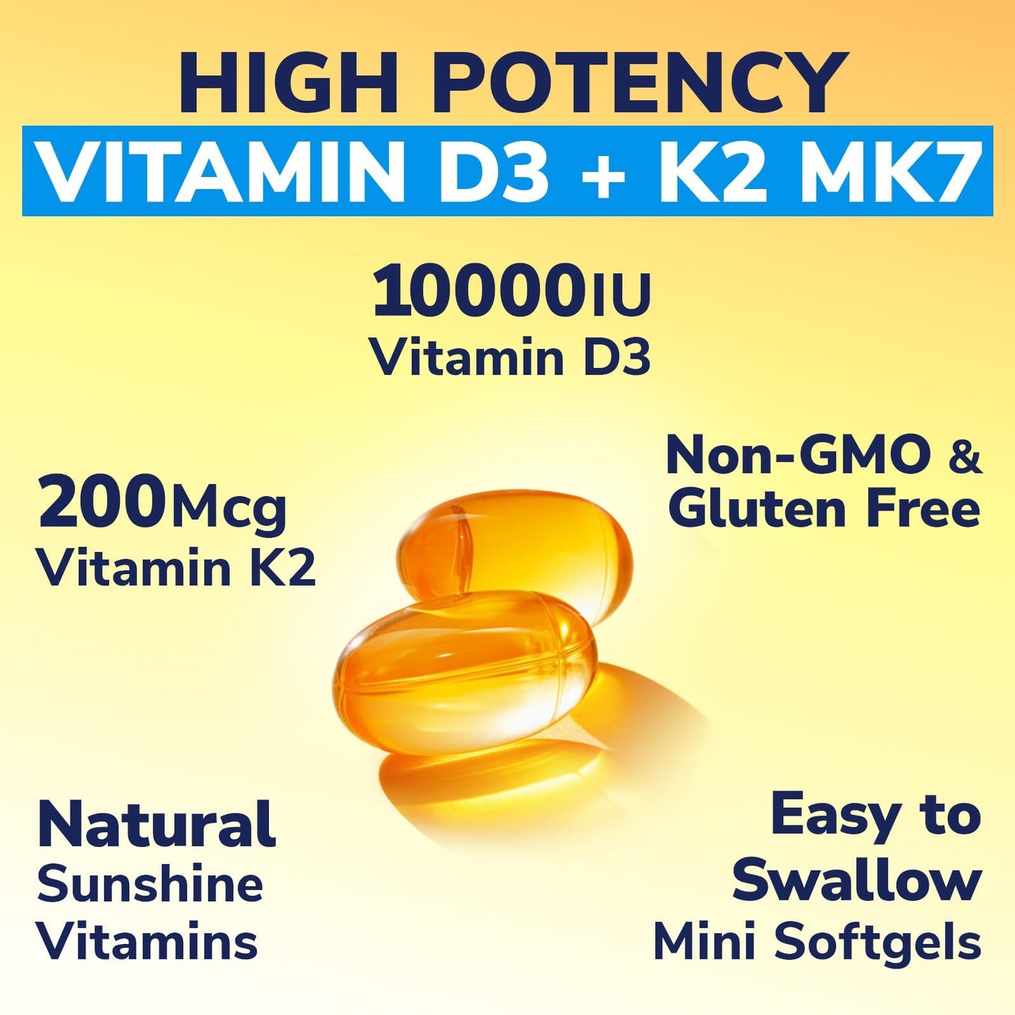 Vitalibre Vitamin D3 K2 Supplement, Vitamin D3 10000 IU & 200 mcg K2 MK7 | Enhanced Calcium Absorption, Bone, Heart, Immune & Mood Support, No Soy, Easy to Swallow, 90 Softgels