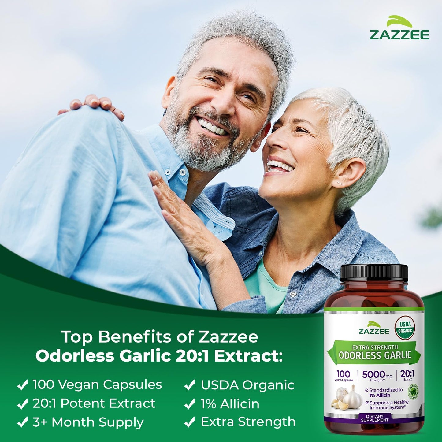 Zazzee USDA Organic Odorless Garlic 20:1 Extract, 1% Allicin, 100 Vegan Capsules, 3+ Month Supply, Allium Sativum, Immune, Circulation & Heart Health Support, All-Natural, Non-GMO, Made in the USA
