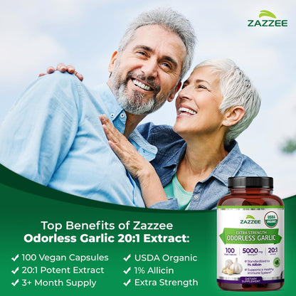 Zazzee USDA Organic Odorless Garlic 20:1 Extract, 1% Allicin, 100 Vegan Capsules, 3+ Month Supply, Allium Sativum, Immune, Circulation & Heart Health Support, All-Natural, Non-GMO, Made in the USA