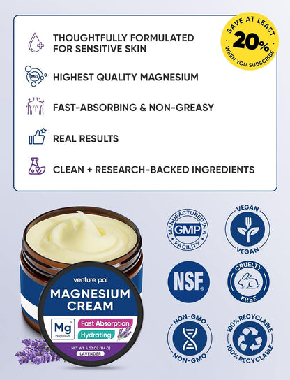 Venture Pal Topical Magnesium Cream, Highly Concentrated Magnesium Lotion | Fast-Absorbing Magnesium Moisturizing Cream with Coconut Oil, Shea Butter & Hyaluronic Acid; Suitable for Kids