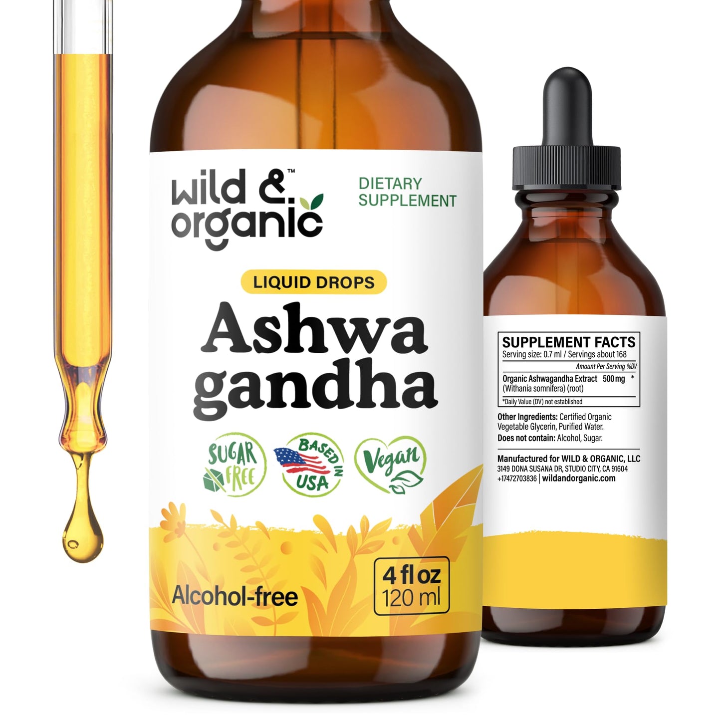Wild & Organic Ashwagandha Drops - Mood Support & Positive Energy - 500 mg Ashwagandha for Women & Men - Add to Tea Liquid Extract for Relaxation - Non-GMO, Sugar & Alcohol-Free Tincture - 4 fl oz