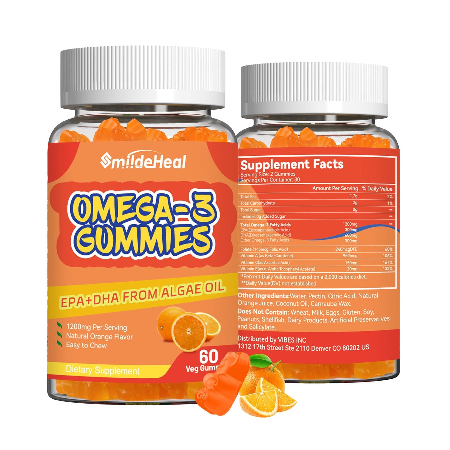 Omega 3 Gummies Supplement 1000mg, High Absorption DHA & EPA, Heart, Brain & Joint Support, Extra Strength Fish Oil Omega 3 Gummies Vitamins, 60 Count