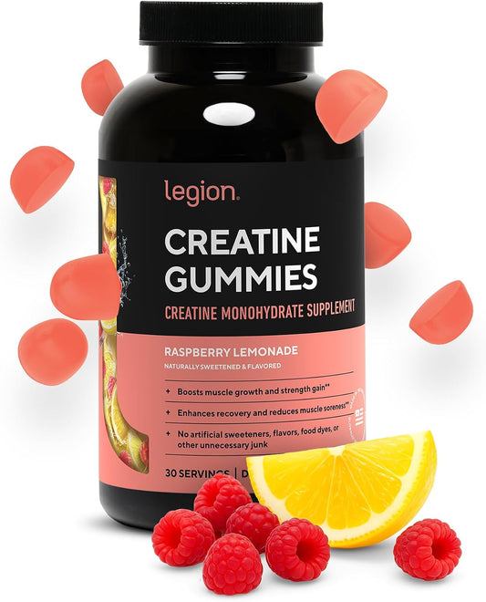 LEGION Creatine Monohydrate Gummies for Men & Women – Clean Chewable Creatine Supplement for Strength, Endurance & Muscle Recovery – 30 Sour Raspberry Lemonade Servings – No Artificial Flavors