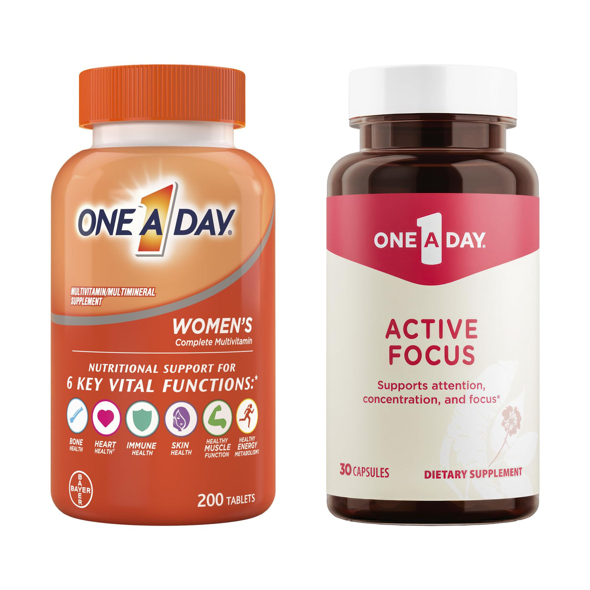 ONE A DAY Bundle Multivitamin for Women 200 Count Tablets Active Focus Supplement