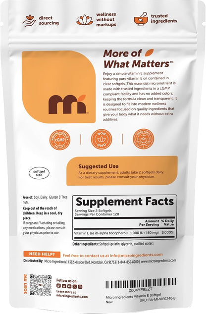 Micro Ingredients Vitamin E 1000 IU (450 mg) Per Serving, 240 Softgels | Daily Vitamin E Supplement | 4-Month Supply | Non-GMO, Gluten Free