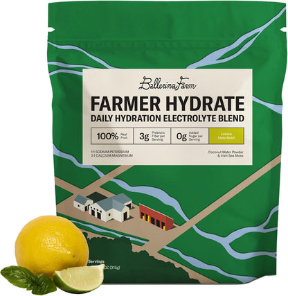 Ballerina Farm Farmer Hydrate Lemon Lime Basil Electrolytes Powder | Organic Coconut Water, Irish Sea Moss, French Sea Salt, No Added Sugar, Prebiotic Fiber, 25 Servings