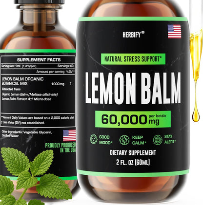 HERBIFY Lemon Balm Tincture - Melissa Officinalis Leaf Liquid Extract - Brain Support and Mood Boost - Lemon Balm Drops for Immune & Cognitive Support - 30 Days Supply - 2 Fl oz
