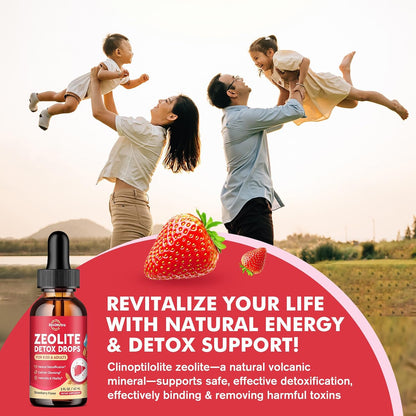 Zeolite Detox for Kids and Adults, Clinoptilolite Zeolite Liquid Drops with Chlorella, Magnesium, Zinc, Methy Vitamin B12 & D3, Gut Liver Detox Cleanse, Immunity, Strawberry Flavor 2 Fl Oz