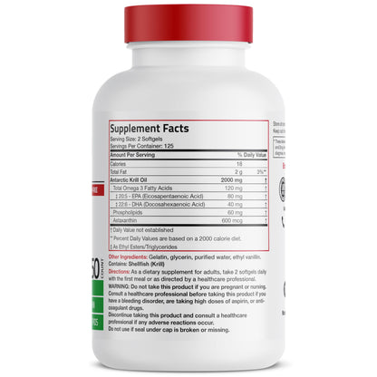 Bronson Antarctic Krill Oil 2000 mg with Omega-3s, 120 Softgels | Heavy Metal Tested, with EPA, DHA, Astaxanthin and Phospholipids, Non-GMO, Gluten Free, Soy Free