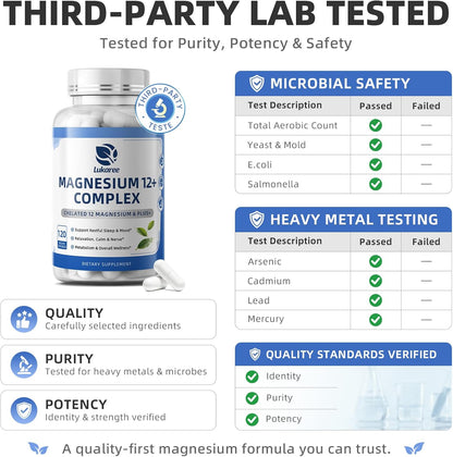 Magnesium Complex Supplement -12 Forms of Glycinate, Citrate, B6 & More | Chelated Formula Plus Ashwagandha,Lithium Orotate - Support for Sleep, Muscle & Nerves*- Men & Women Capsules- Non-GMO-120 Ct