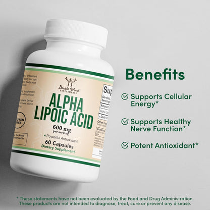 Alpha Lipoic Acid 600mg per Serving, 60 Capsules (Third Party Tested, Non-GMO, Gluten Free, Vegan Safe) Cellular Energy Support (ALA Supplement) by Double Wood