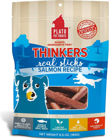 Plato Pet Treats Thinkers - Meat Stick Treats for Dogs - Limited Ingredient with EPA and DHA to Support Skin, Coat, and Brain - Air-Dried - Thinkers Salmon 10oz - 2 Pack