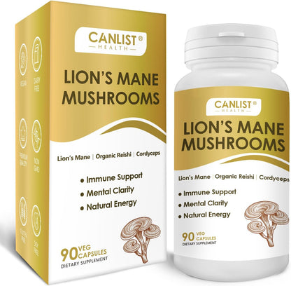 CANLIST Organic Mushroom Complex Capsules with Lion's Mane, Cordyceps, Reishi, Help for Cognitive Focus, Immune Support & Brain Health, Vegan, Non-GMO, 90 Capsules
