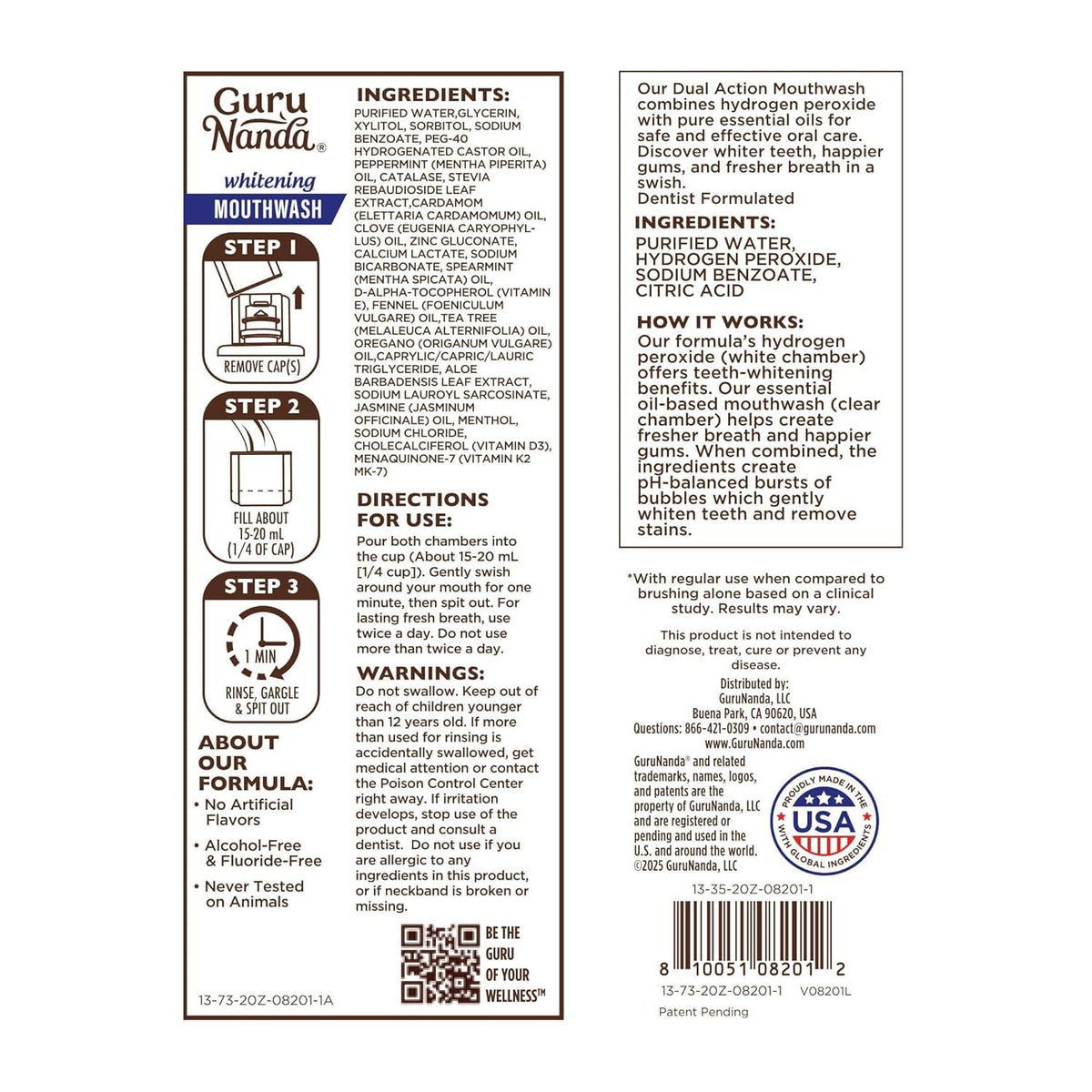 GuruNanda Teeth Whitening Dual Barrel Oxyburst Mouthwash - Alcohol & Fluoride Free, Hydrogen Peroxide to Promote Whiter Teeth - Wild Mint - 20 Fl Oz