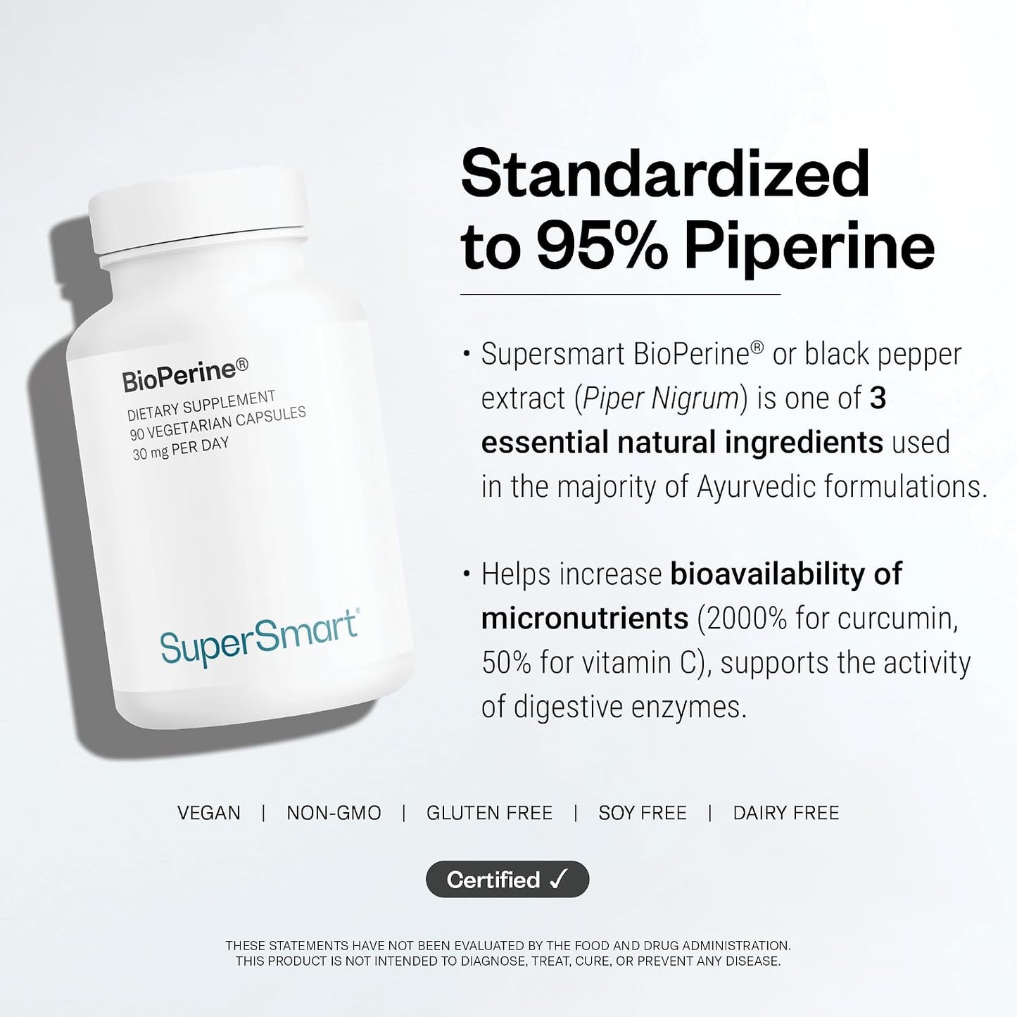 SuperSmart Bioperine 30mg per Day (95% Piperine) - Black Pepper Extract Supplement - Absorption Enhancer - Digestive Enzymes Support | Non-GMO & Gluten Free - 90 Vegetarian Capsules