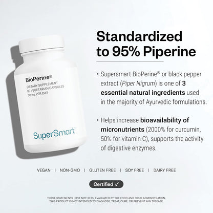 SuperSmart Bioperine 30mg per Day (95% Piperine) - Black Pepper Extract Supplement - Absorption Enhancer - Digestive Enzymes Support | Non-GMO & Gluten Free - 90 Vegetarian Capsules
