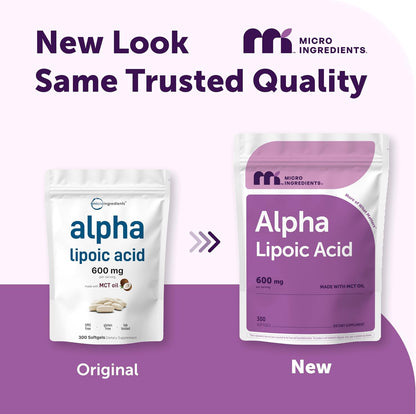 Micro Ingredients Alpha Lipoic Acid 600mg Per Serving, 300 Softgels | ALA Supplement | Made with MCT Oil| Non-GMO, Gluten-Free, Soy-Free