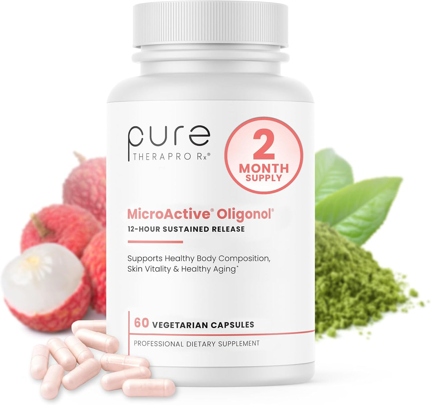 Pure Therapro Rx MicroActive Oligonol | Patented Lychii Fruit & Green Tea Supplement | 2X More bioAvailable | 2 Month Supply | Non-GMO (60 Vegan Capsules)