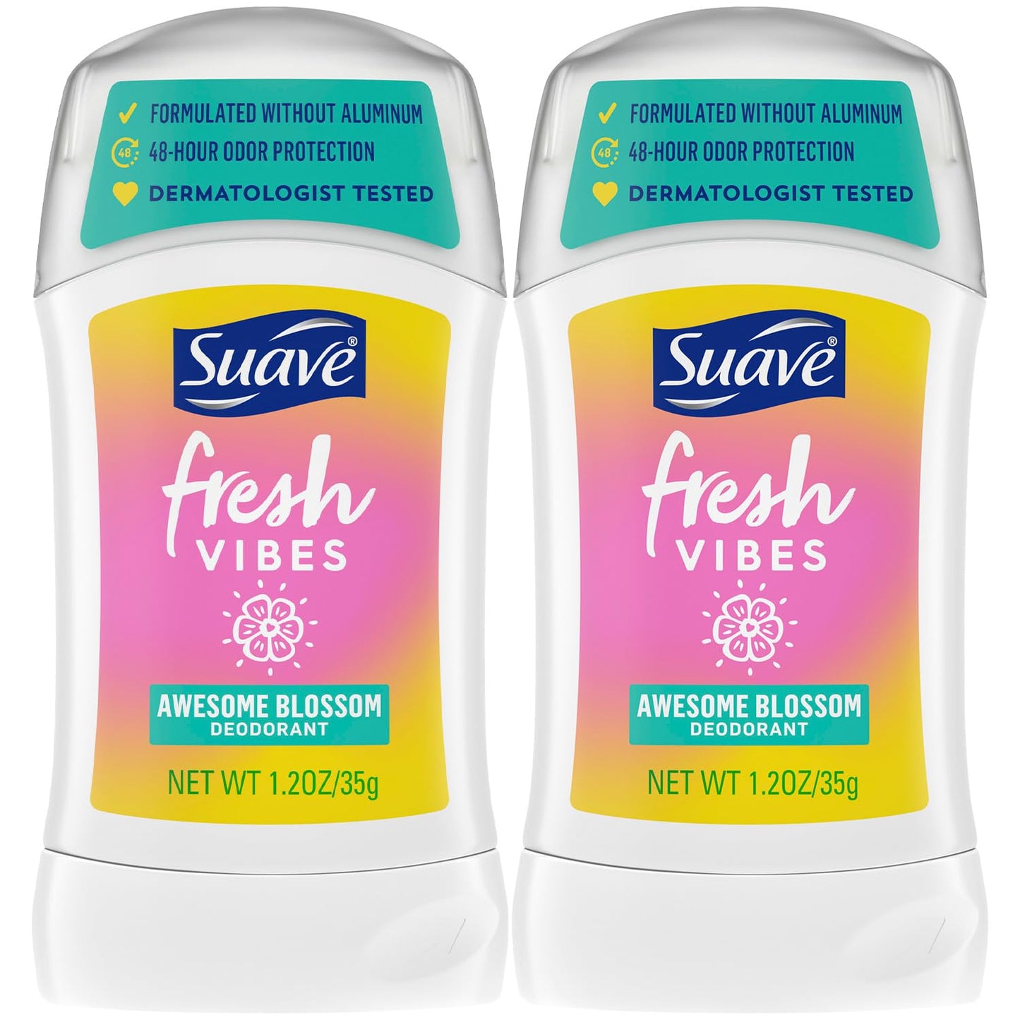 Suave Aluminum-Free Deodorant for Kids, Teen Girls & Boys, Fresh Vibes 2-Pack, 48H Protection, 1.2 Oz Ea