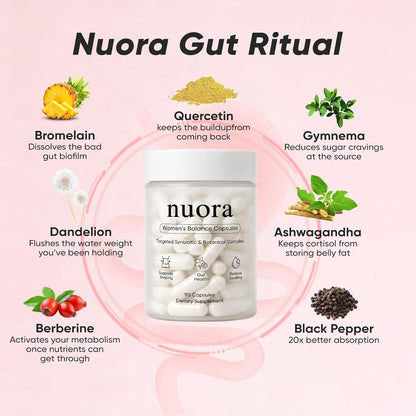 Nuora Gut Health Capsules with Berberine, Gut Biofilm Probiotic Ritual, Promotes Metabolism & Gut Health, Vegan, Non-GMO, for Women, 90 Capsule