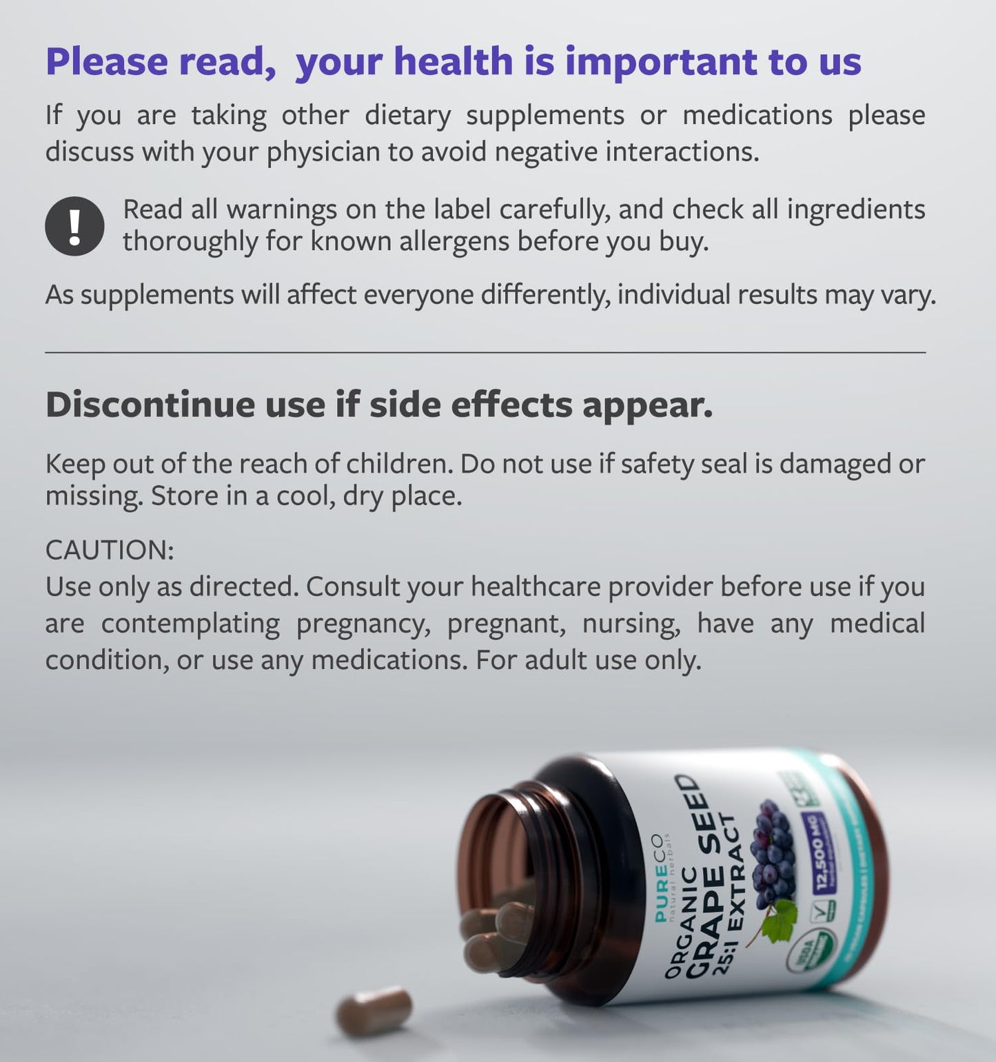 PURE CO USDA Organic Grape Seed Extract - High Potency 25:1 Grapeseed Supplement with 12,500mg Herbal Equivalent Strength - Antioxidant Support - Vegan & Non-GMO (4 Month Supply)