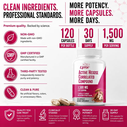 Active Hexose Correlated Compound 1500 mg, Clinically Studied Mushroom Extract for Immune System Support & Cellular Defense | 120 Capsules (40-Day Supply) | Non-GMO, Shiitake, Lion's Mane, Turkey Tail