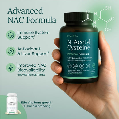 Etta Vita Vegan Liver Detox & Cleanse - NAC Supplement N-Acetyl Cysteine 600mg with Quercetin, Milk Thistle, Molybdenum & Selenium, N-Acetyl-Cysteine Capsules for Immune Support & Respiratory