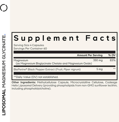 Codeage Liposomal Magnesium Glycinate Supplement, 2-Month Supply, Bisglycinate Magnesium Chelate, Chelated Magnesium Mineral Pills, BioPerine Black Pepper Vitamins Capsules, Non-GMO Vegan, 240 ct