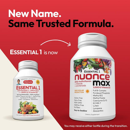ANDREW LESSMAN Essential-1 nuonce max Multivitamin 3000 IU Vitamin D3 60 Small Capsules. 100 mcg Methyl B12. CoQ10 Lutein Lycopene Zeaxanthin. High Potency. No Additives. Ultra-Mild One Daily Capsule | Complete Daily Multivitamin & Mineral Formula with Es