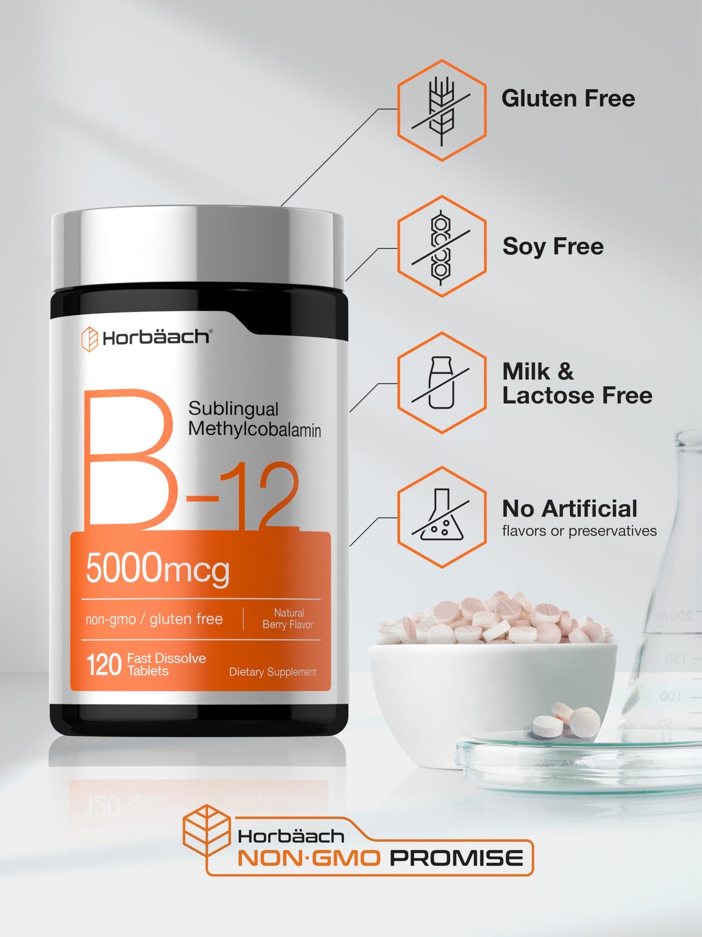 Horbäach B12 Vitamin 5000 mcg | 120 Fast Dissolve Tablets | Sublingual Methylcobalamin | Natural Berry Flavor | Vegan, Non-GMO & Gluten Free Supplement