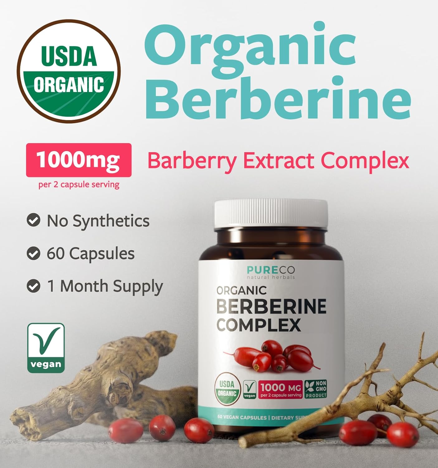 PURE CO Certified Organic Berberine Supplement Capsules - High Strength Berberine Complex with Organic Barberry Extract Providing 1000mg per Serving - NSF Lab Verified Vegan & Non-GMO (30 Servings)