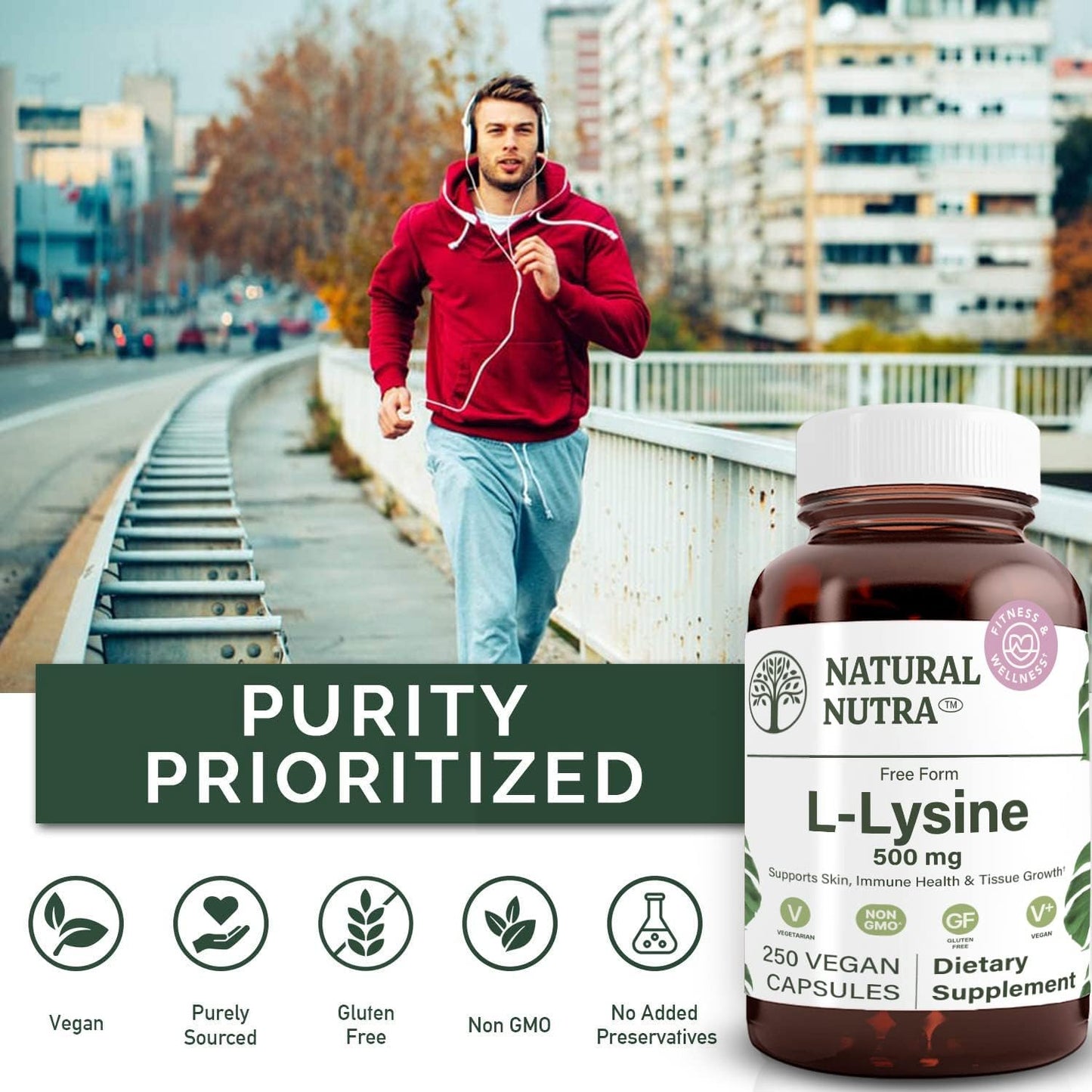 Natural Nutra L Lysine HCl Supplement, Vegan, 500 mg, 250 Capsules | Promotes Bone Health & Growth, Supports Skin Health, Improves Vitamin C Absorption, Improves Calcium Absorption, Non-GMO