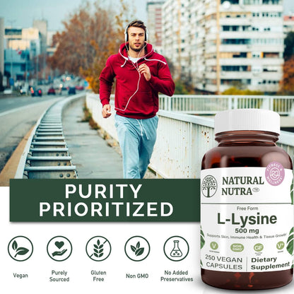 Natural Nutra L Lysine HCl Supplement, Vegan, 500 mg, 250 Capsules | Promotes Bone Health & Growth, Supports Skin Health, Improves Vitamin C Absorption, Improves Calcium Absorption, Non-GMO