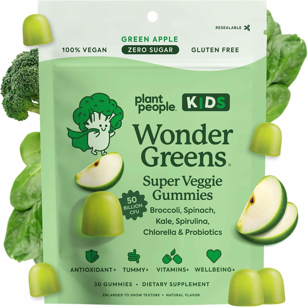 Plant People WonderGreens Kids Super Veggie Gummies, Green Apple, 30 Count