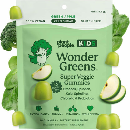 Plant People WonderGreens Kids Super Veggie Gummies, Green Apple, 30 Count