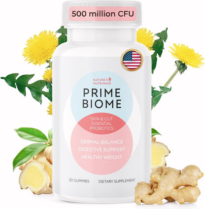PrimeBiome Gummies – Inulin, Lion's Mane & Ginger – 30 Ct, 1 Month Supply | Prebiotic Inulin, Lion's Mane & Ginger | Non-GMO, No Stimulants, GMP Certified | Chewable daily gummy
