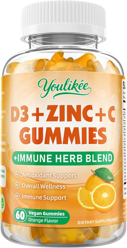 Vitamin C + D3 5000IU + Zinc Gummies for Adults, Orange Flavor, 60 Count | Immune Support supplement with Elderberry, Echinacea & Mullein Leaf - Antioxidant Support, Sugar Free