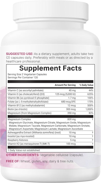 Magnesium Complex for Women | Glycinate, Citrate & More – 20-in-1 Formula with D3, K2 (MK-7), B6 (as P5P) & Ashwagandha | 240 Vegetarian Capsules, Filler Free, Non-GMO