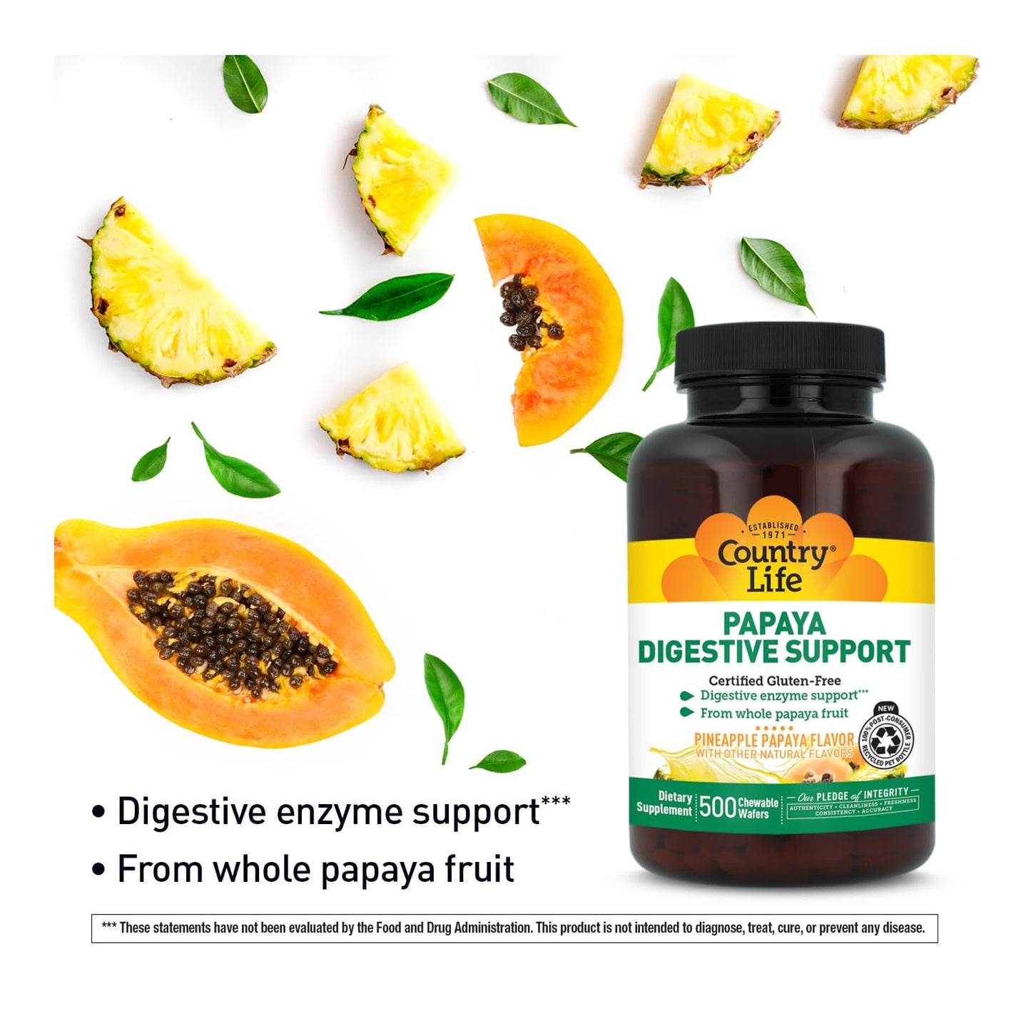 Country Life Papaya Digestive Support, 500 Chewable Wafers | Natural pineapple & papaya Flavor. Assists nutrient absorption, contains papain & protease