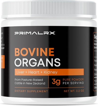 Bovine Organ Powder, Grass Fed Beef Organ Complex with Liver, Heart & Kidney, Primal Multivitamin Whole Food Supplement with Heme Iron, Vitamin A, B12, Folate, Selenium & Zinc, 90g
